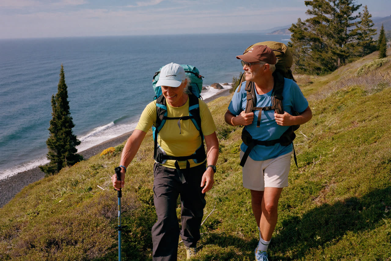 Two hikers on a green coastal trail above the Pacific