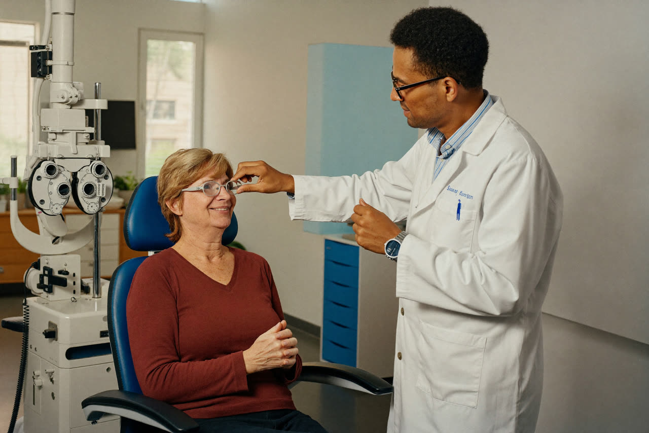 A woman having a routine eye examination with an optometrist