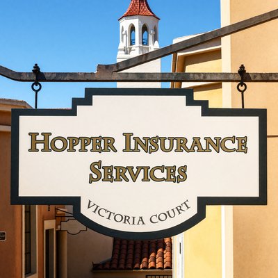 The Hopper Insurance Services sign hanging at Victoria Court
