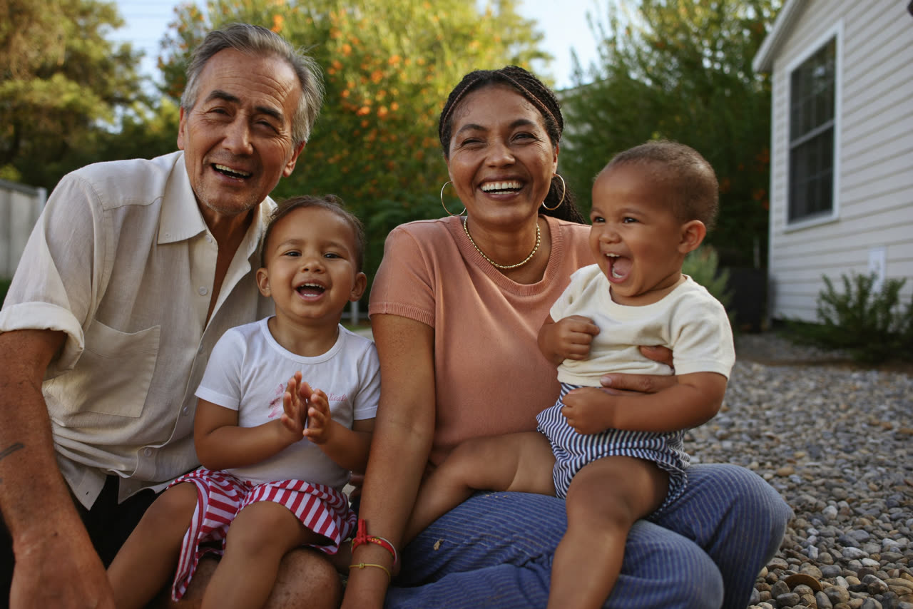 Three generations of a family together in a sunny California backyard