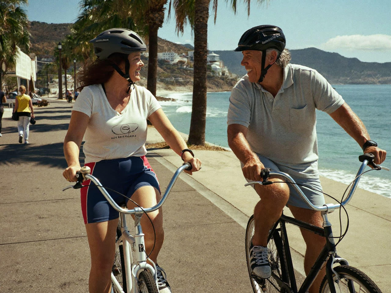 Two people riding bicycles along the Santa Barbara waterfront path